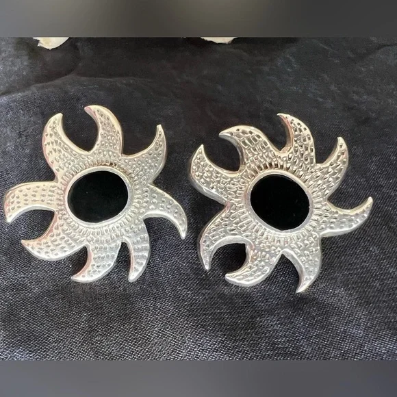 Sterling Silver 925 Sunburst Stud Earrings Black Onyx Center – 1” Vintage - Picture 2 of 5